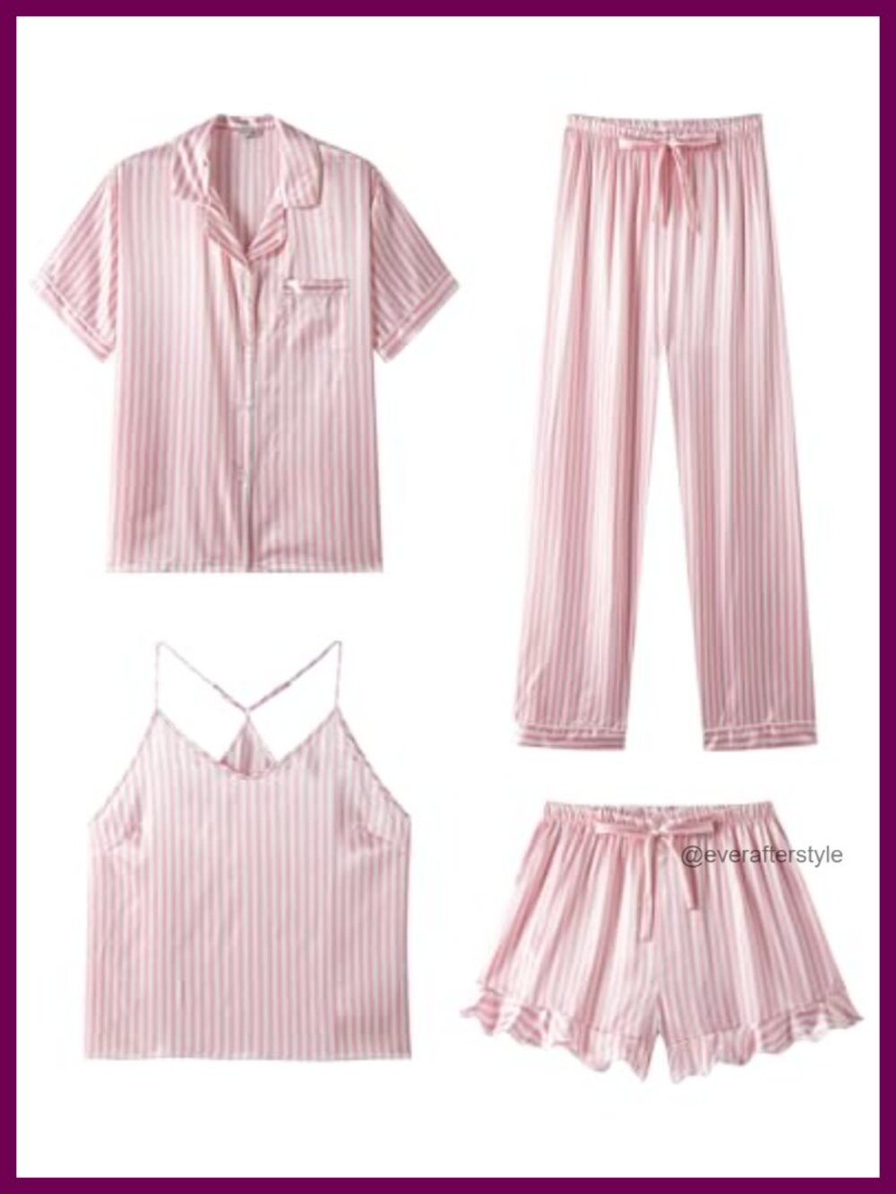 Satin Silk 4 Piece Pajama Set Camisole Lounge Ruffle PJs Sleepwear